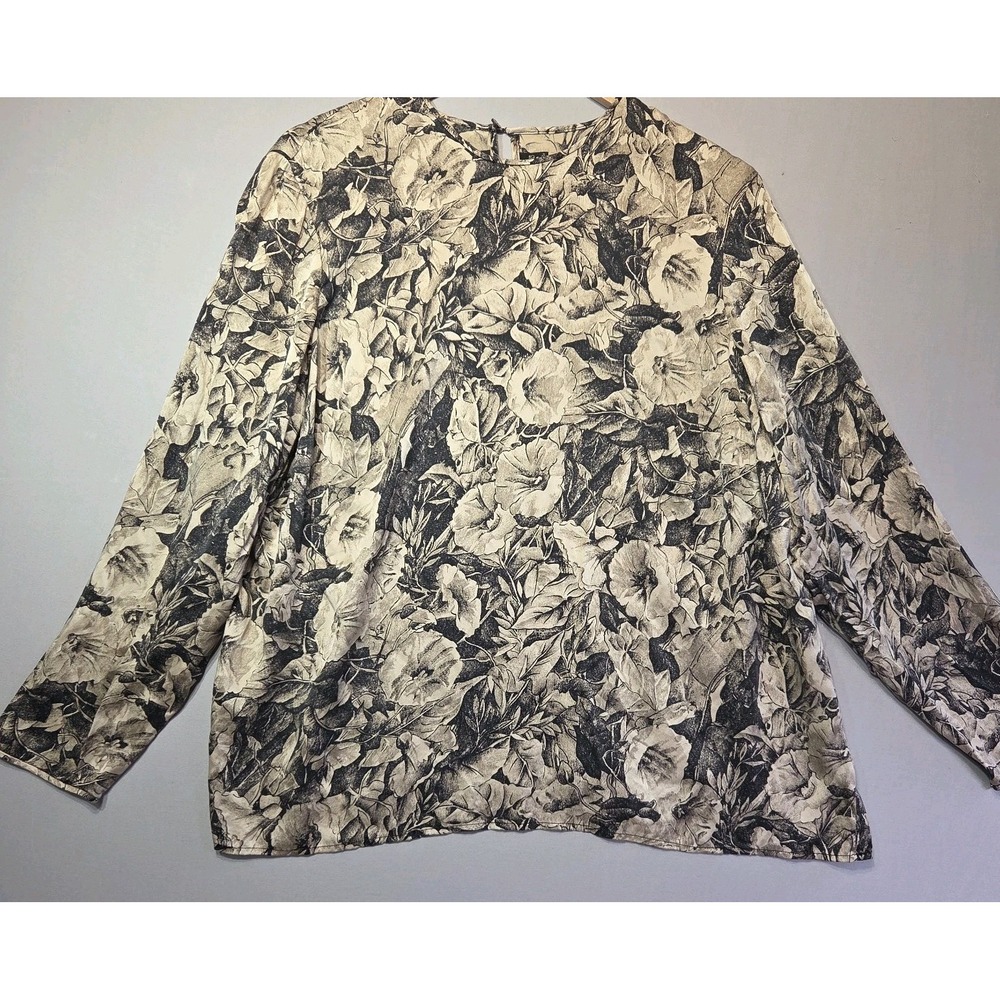 Dana Buchman Woman 100% Silk Floral Blouse Top Size 14 Beige Black Long Sleeve